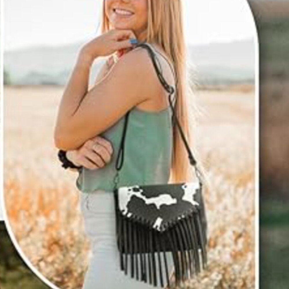 Black Cowhide Handbag Fringe Purse Tassel Shoulder Bag  Turquoise Concho